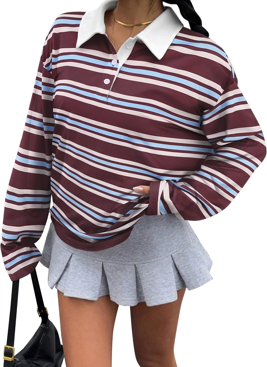 SOFIA'S CHOICE Oversized Striped Long Sleeve Rugby Shirts Women Polo V Neck Y2k Preppy Pullover Top
