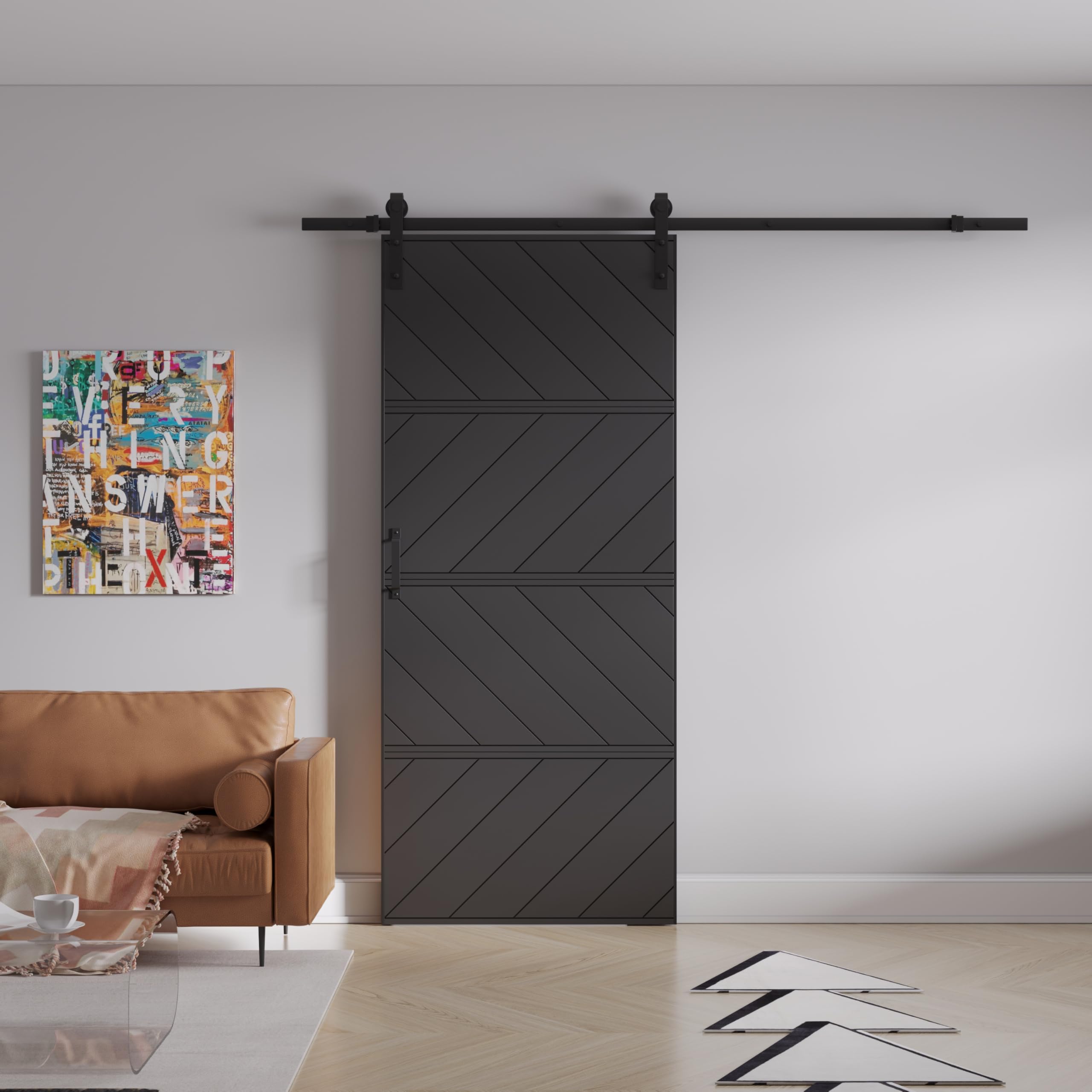 Modern Paneled Manufacture Wood Sliding Barn Door Wave Design with Installation Hardware Kit(Easy Installation), Black, 42" x 84"