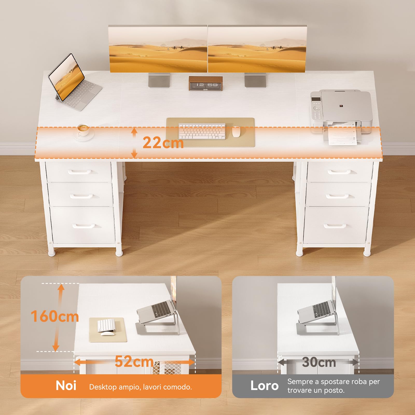 Coleshome Scrivania con 6 Cassetti, 160x52 cm Scrivania Salvaspazio, Scrivanie Ufficio con Ripiani per l'Ufficio di Casa, Bianca