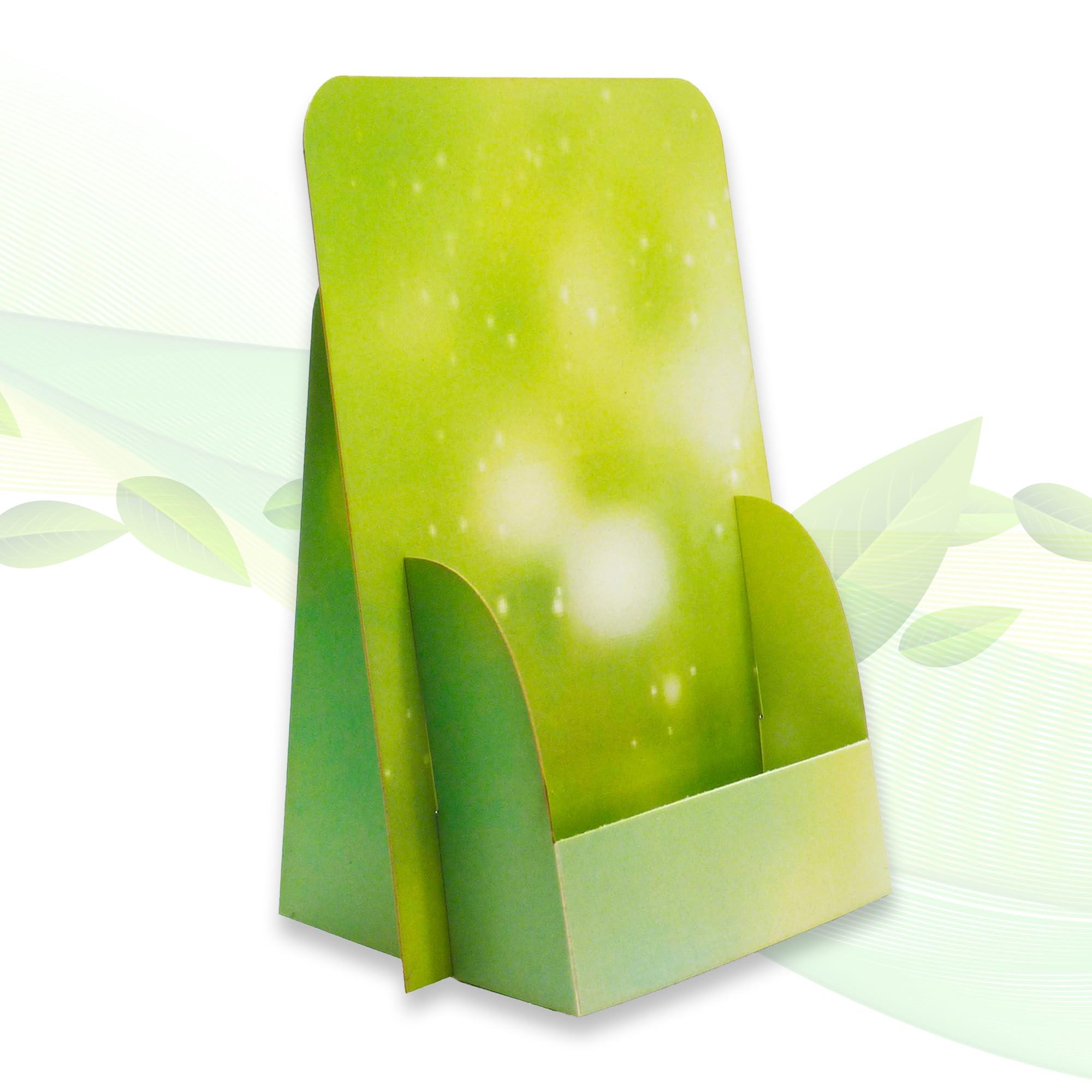 5 soportes plegables Green Design para folletos DIN A6 Flyer vertical, 14,8 x 21 cm, de eco cartón FSC, uso a corto y medio plazo