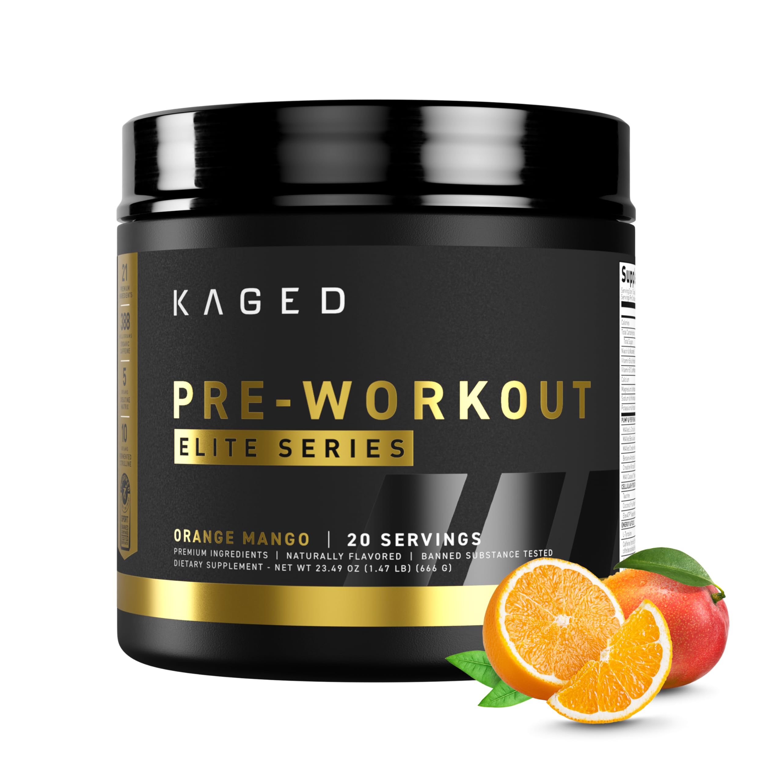 Kaged Pré-treino em pó com creatina, beta-alanina, L-citrulina, BCAAs e cafeína 388 mg, sabor Orange Mango, 20 porções