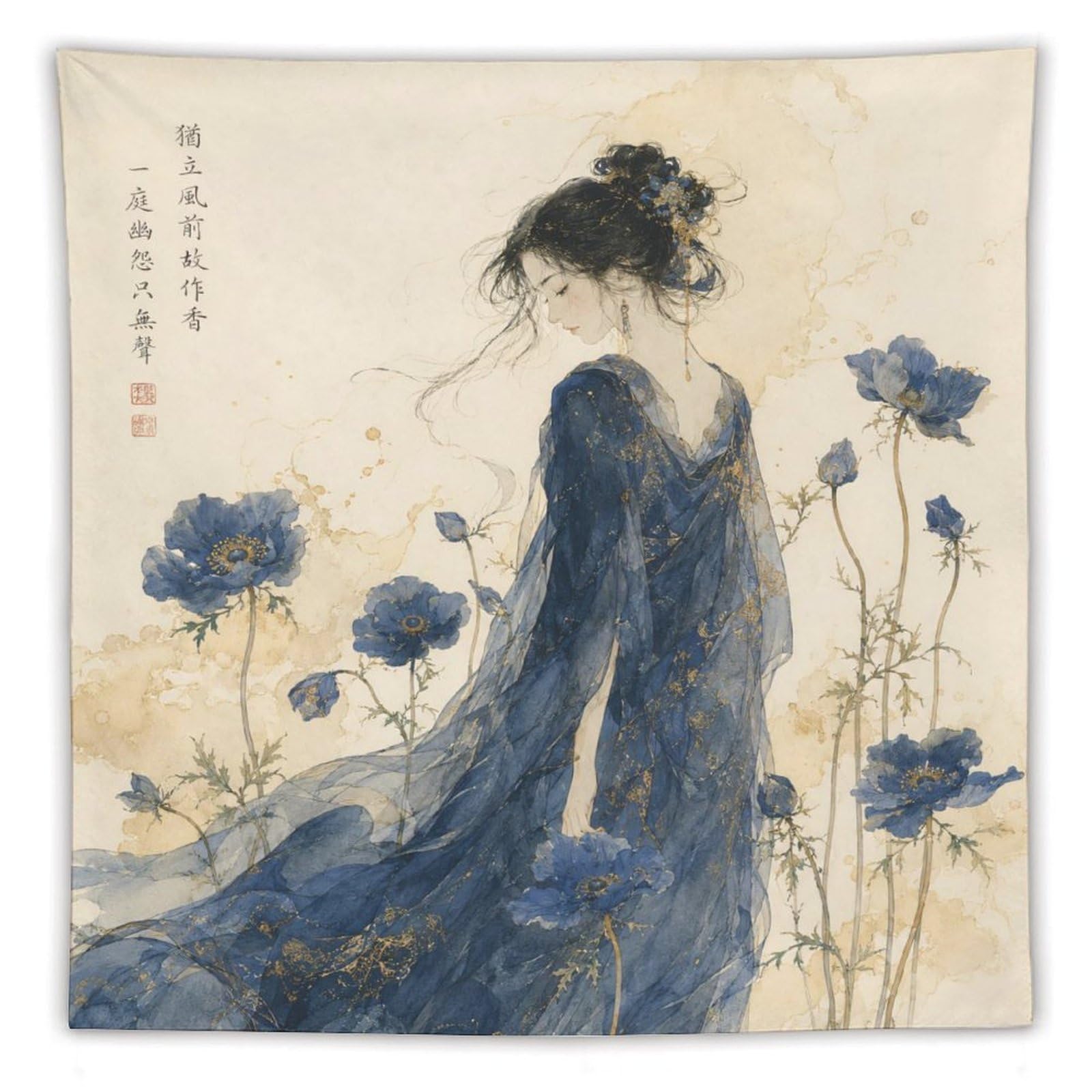 W7C8U2X3 Blue Dress Woman with Flowers Wall Tapestry, College Dorm
