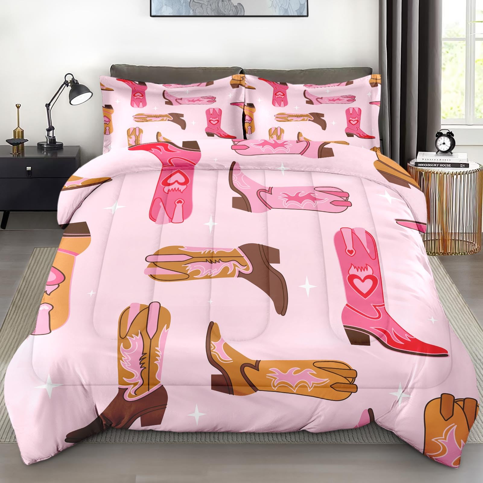 Comforter Set Full Size, Retro Cowgirl Western Soft 3 Pcs Bedding for Kids and Adults, Vintage Cowboy Aesthetic Comforter Set with 2 Pillowcases, for Bedroom Bed Decor