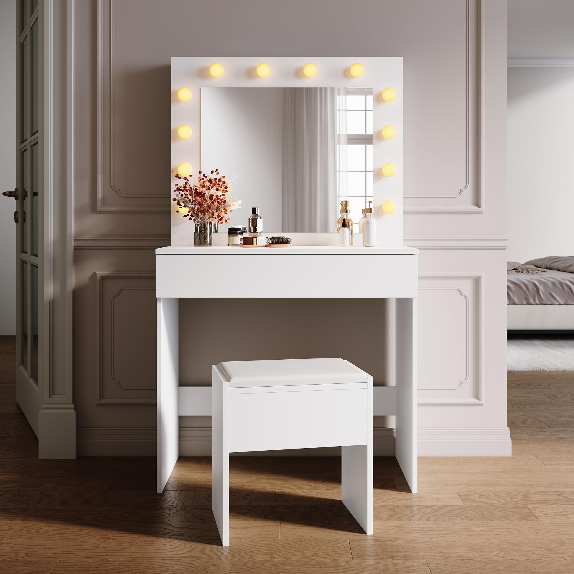 SONNI Schminktisch mit Hocker, Spiegel, Schubladen, Weiß, 80x40x140cm