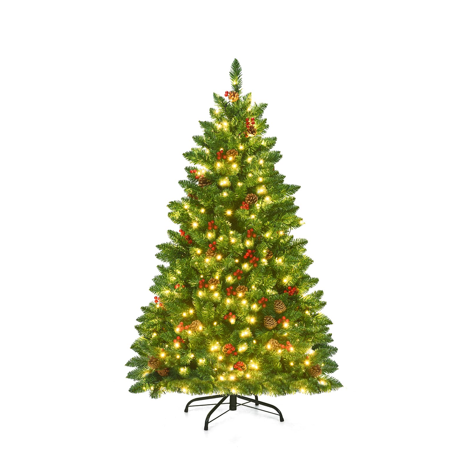 LIFEZEAL Sapin de Noël 195 cm, Arbre de Noël Artificiel avec 450 LED, 1100 Branches, 56 Baies, 56 Pommes de Pin, PVC Épais Ignifugé, Base en Métal, Décoration Intérieure et Extérieure
