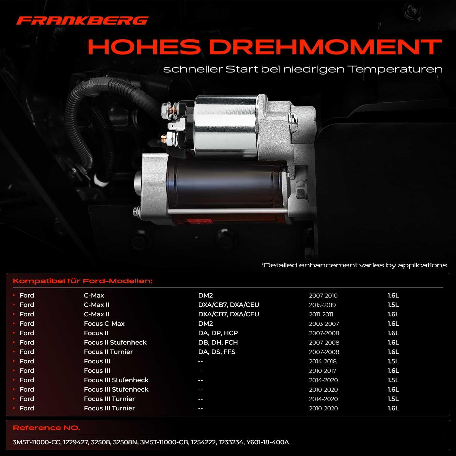 Frankberg Motor de arranque 14 kW 12 V 11 dientes 1233234 1229427 | Compatible con: S80 II 124, C-Max II DXA/CB7 DXA/CEU, Monovolumen Transit Connect, Torneo Focus III, S40 II 544
