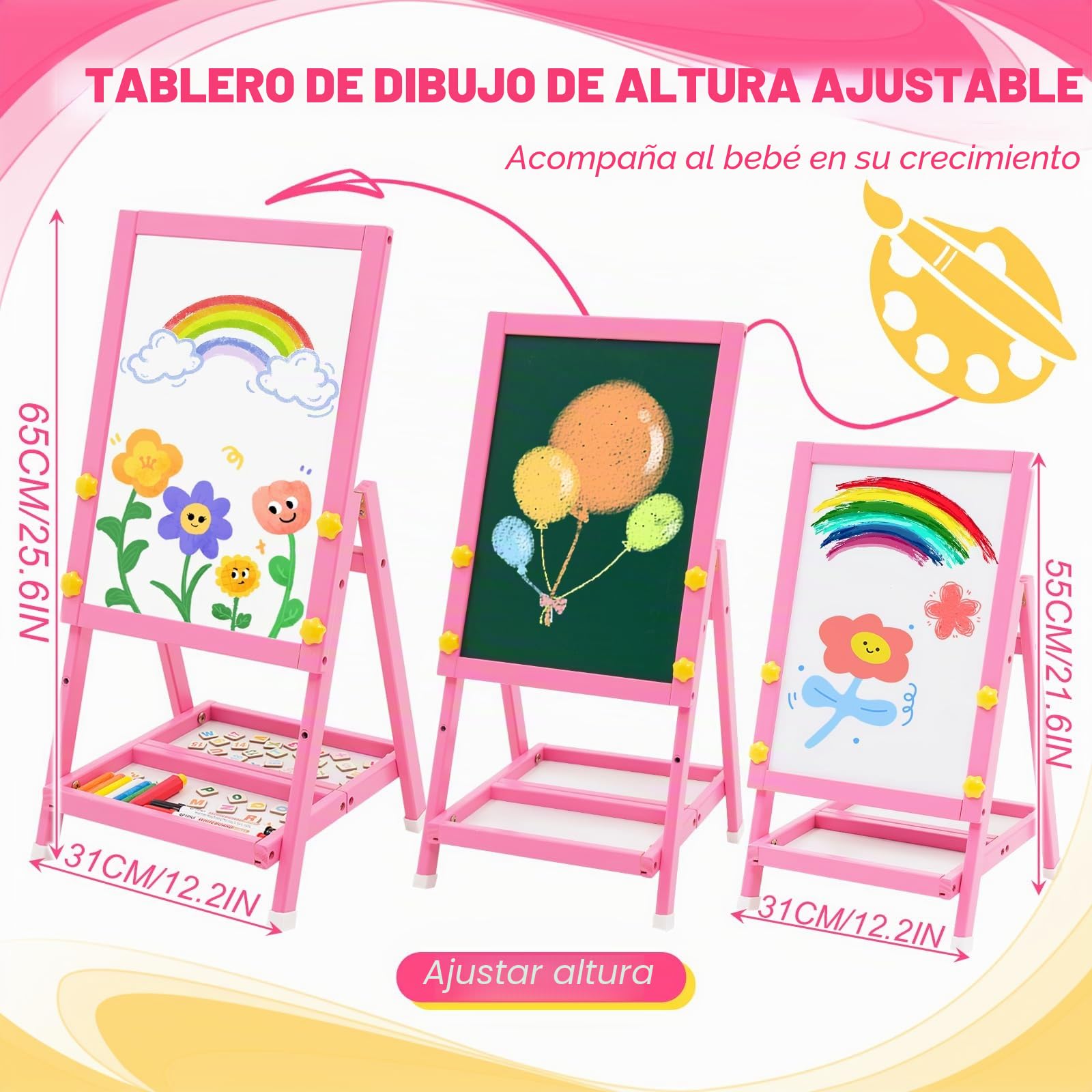 Caballete de Madera para Niños, Art Easel Pizarra Blanca de Doble Cara y Pizarra de Tiza Mini Rosa Caballete Infantil con Números y Otros Accesorios para Niños y Pequeños