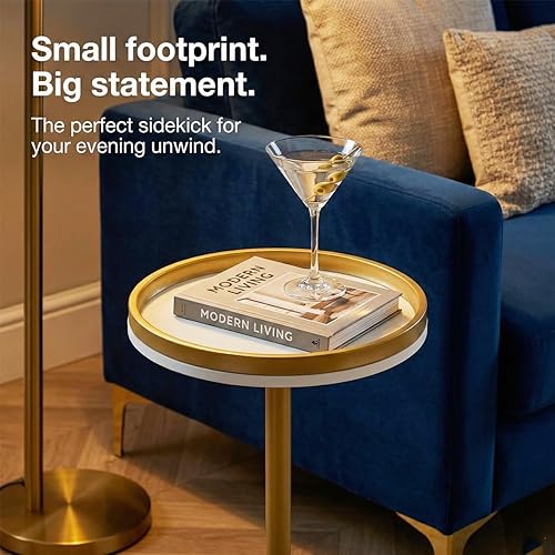 Miniatura 6 de Mesa Martini, pequeña mesa redonda para bebidas con base pesada, moderna mesa auxiliar de pedestal blanco y dorado con borde superior de bandeja