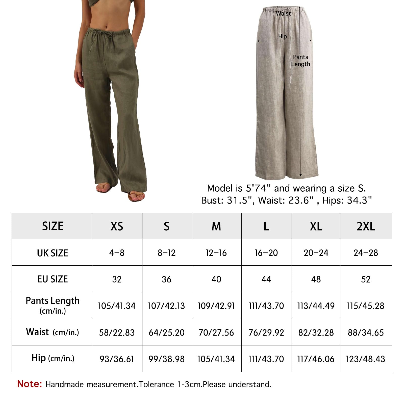 Amazhiyu Pantaloni in lino, da donna, estivi, 100% lino, pantaloni lunghi, da donna, larghi, con tasche