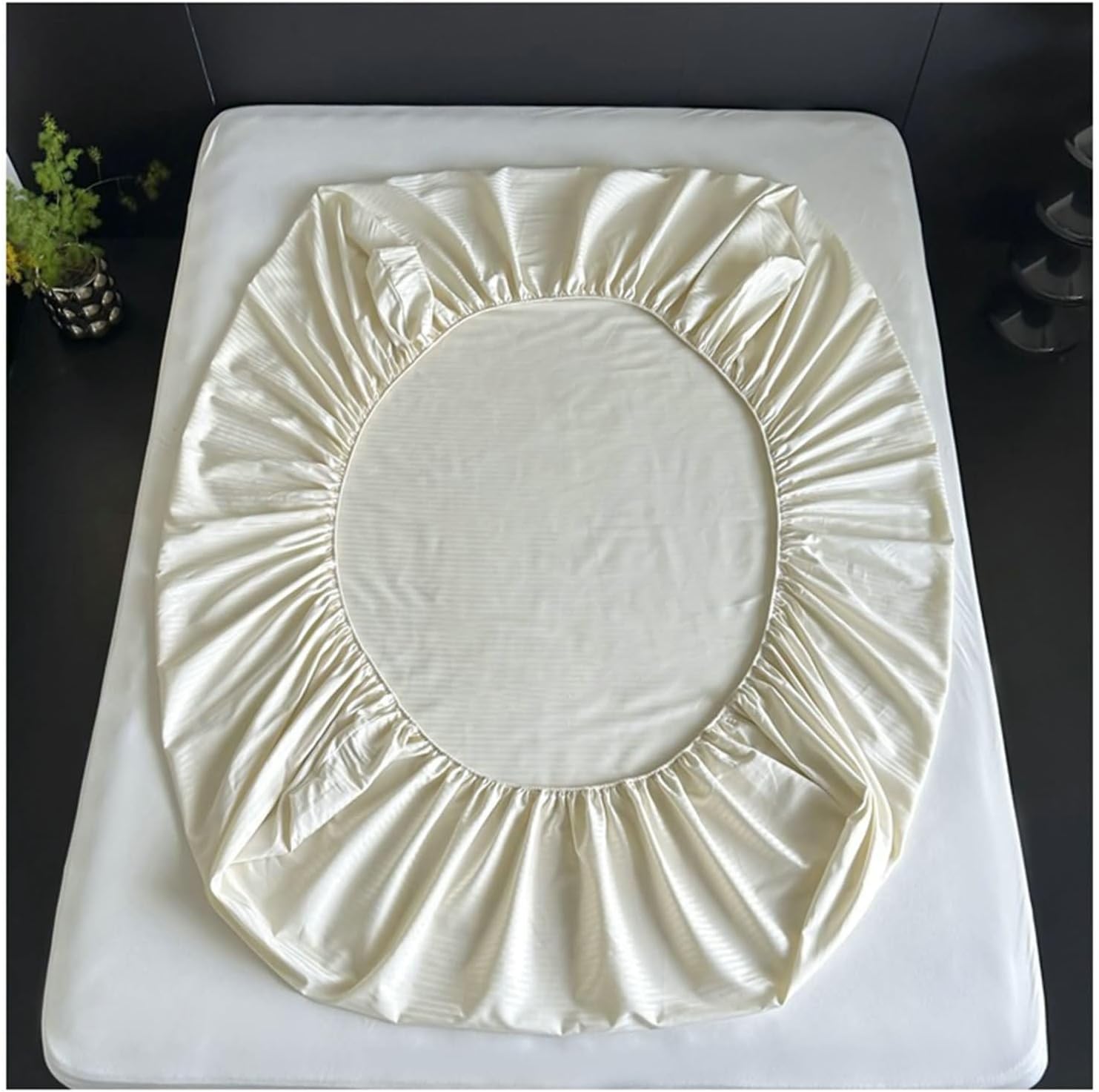 Beydodo Bed Fitted Sheet with Deep Pocket, Fitted Bed Sheet 120x200cm Beige with White Stripes Pattern, Cotton Fitted Bed Sheets for Dorm