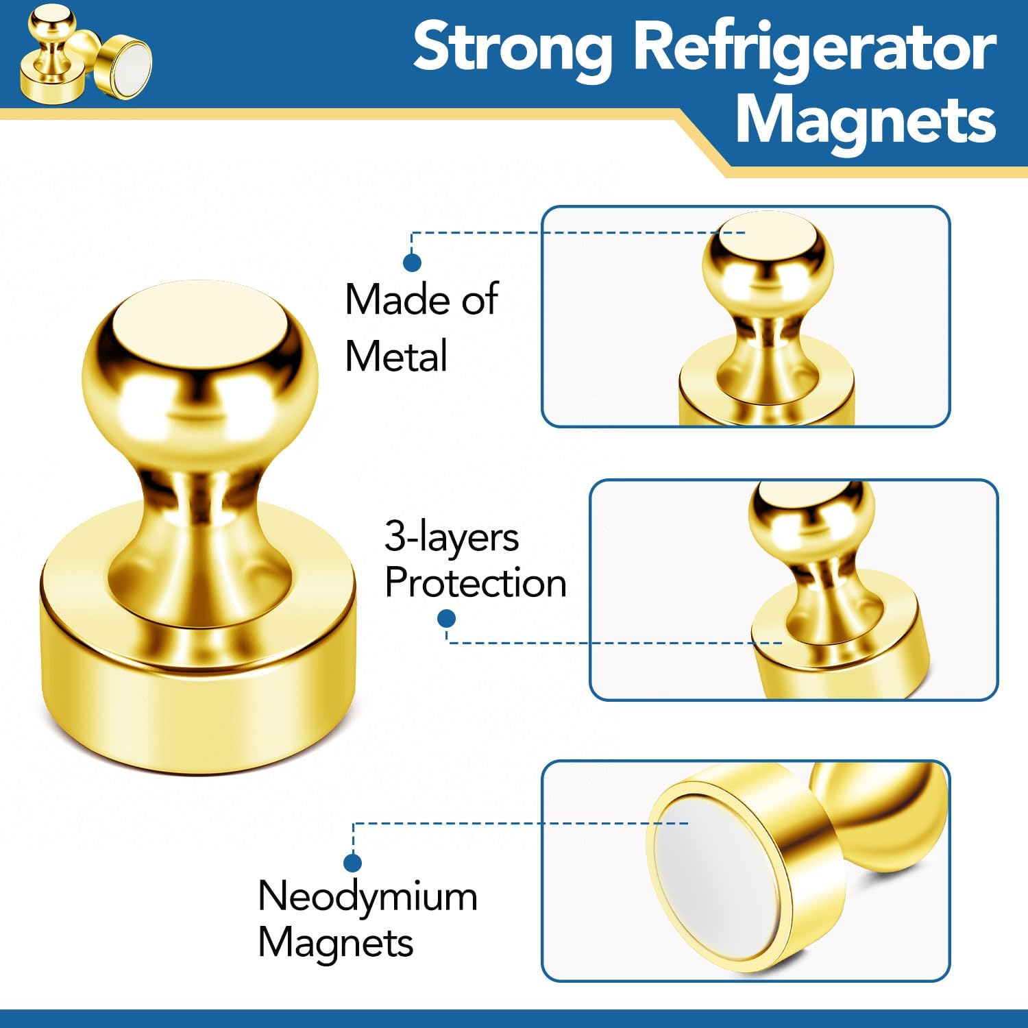 LOVIMAG Magneti per frigorifero, calamite da frigorifero, forti magneti per lavagna bianca, oro, 50 pezzi, magneti magnetici per frigorifero, lavagna bianca, ufficio, aula, carta, cucina