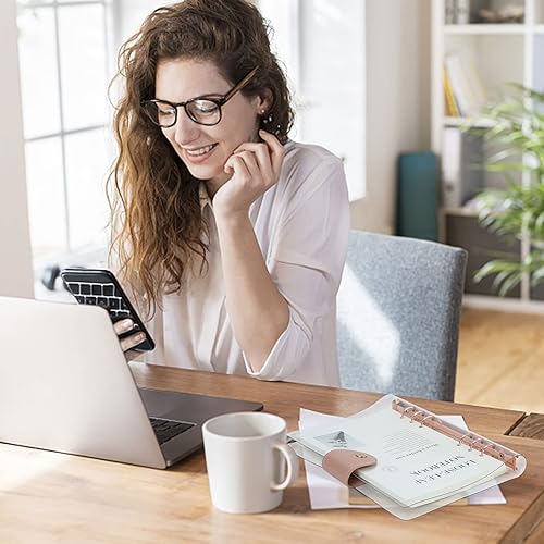 Miniatura 5 de Carpeta A5 con 6 anillas transparentes, anillo redondo de oro rosa con 90 hojas de papel interior forrado, carpeta de presupuesto A5 con cierre a