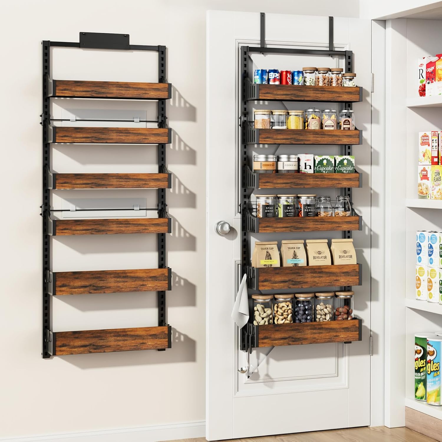 Over the Door Pantry Organizer: Storage and Pantry Organization with Hanging Basket - 6-Tier Metal Spice Rack Adjustable Shelves for Kitchen Laundry Room Bedroom & Bathroom Black