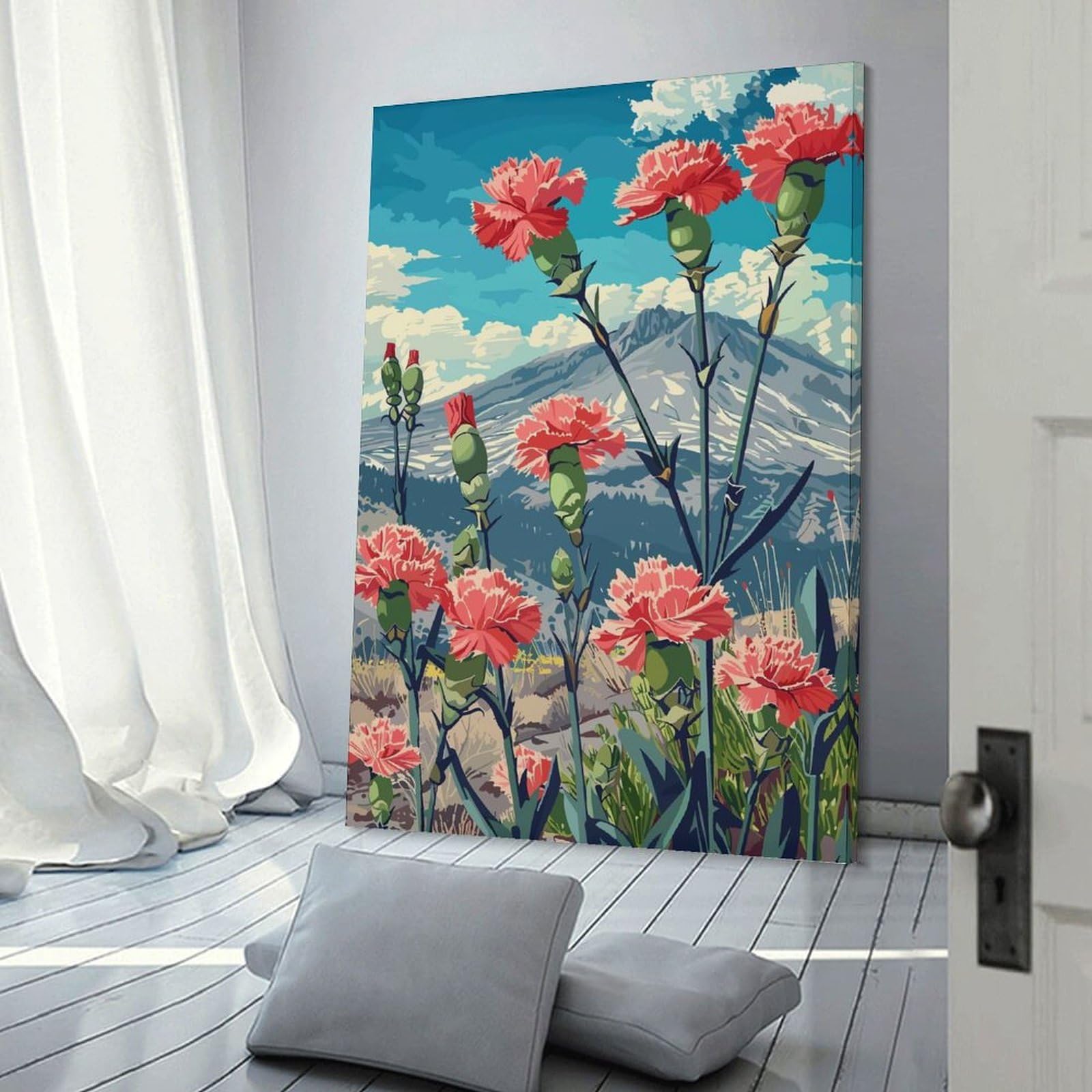 Junmoney Carnations And Mountain Canvas Wall Art, 24x36inch(60x90cm), for Bedroom Decor, Cosy Corners Or Studios, Stylish Decor for A Restful Room Update