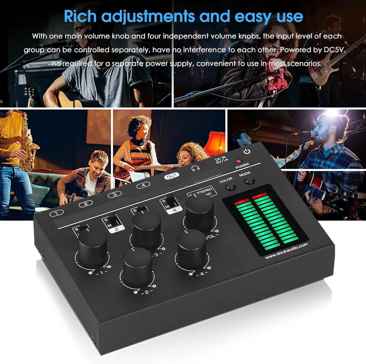 Mezclador de audio de 4 canales con medidor de nivel LED integrado, ganancia ajustable, conector de auriculares de 3.5 mm, diseño de bajo ruido para clubes y bares pequeños