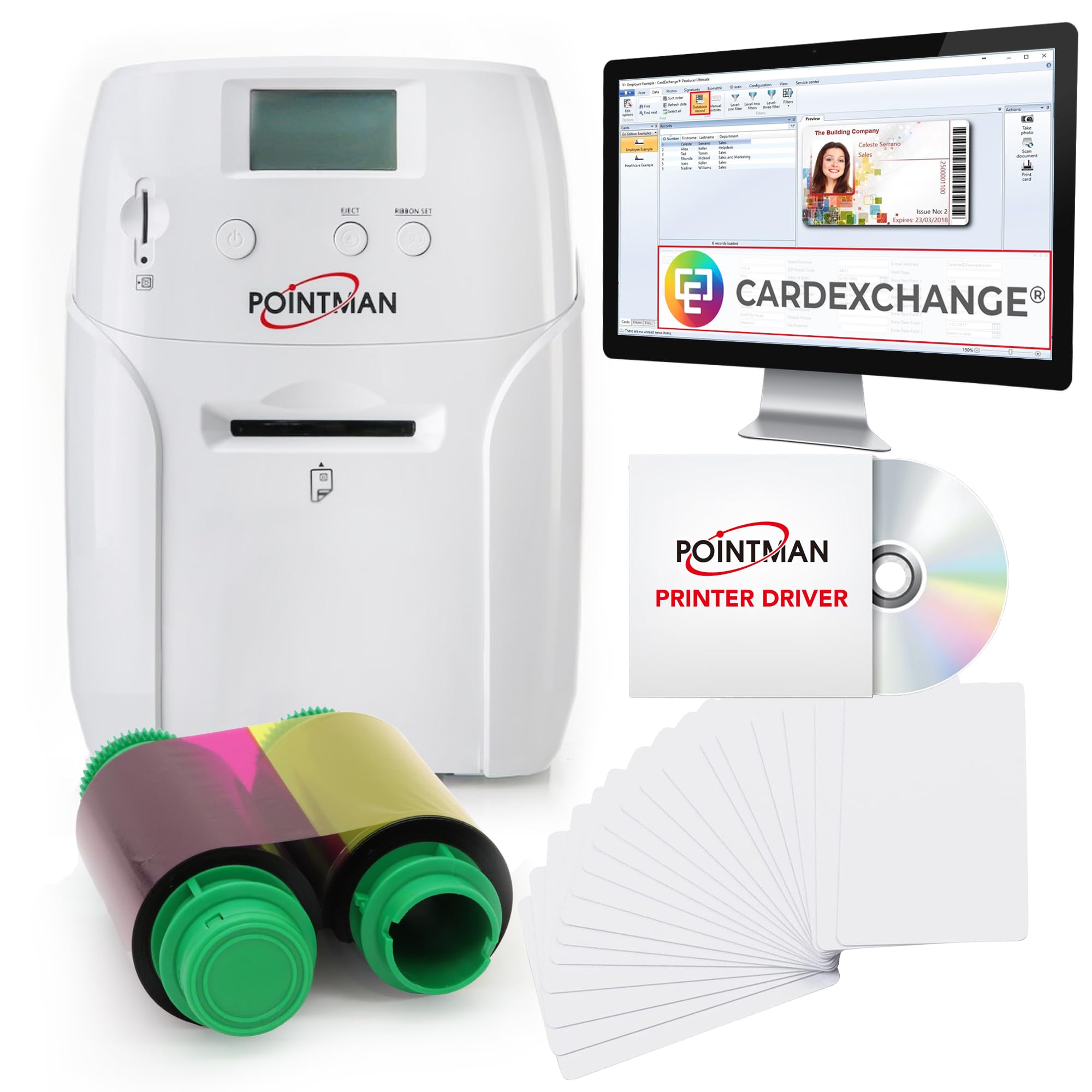 SKE-Direct® Pointman Nuvia N15 Single Side ID card printer bundle, with 100 card hopper feed including YMCKO Colour Ribbon 100 PVC Cards and design software. Everything to get you printing