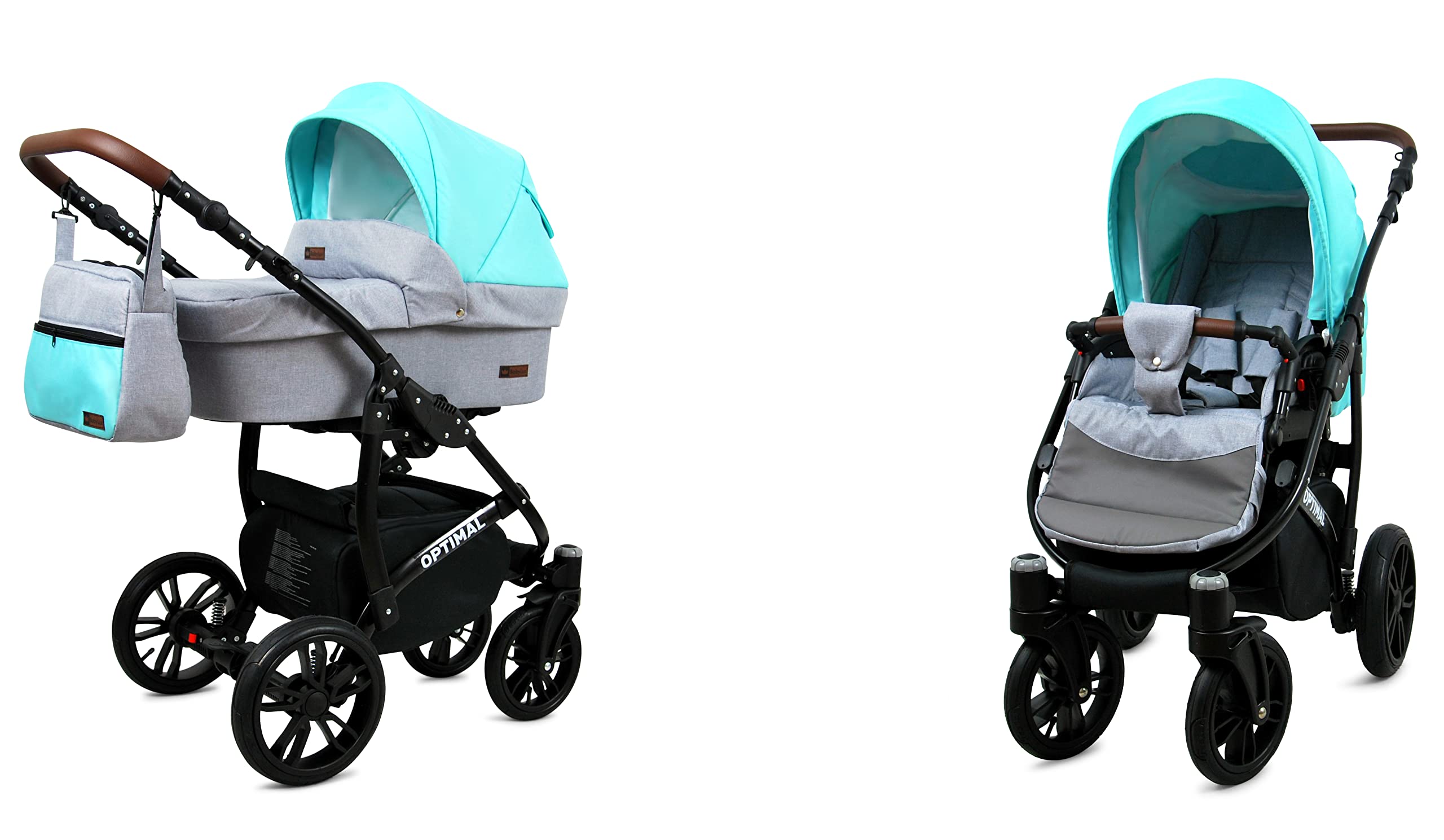 BabyLux Optimal 2-in-1 Baby Kinderwagen Tief und Kinderwagen mit Zubehör Verstellbar und faltbar Aluminium Konstruktion Wasserdicht Nicht abnehmbare Räder Silver Stone Black Frame