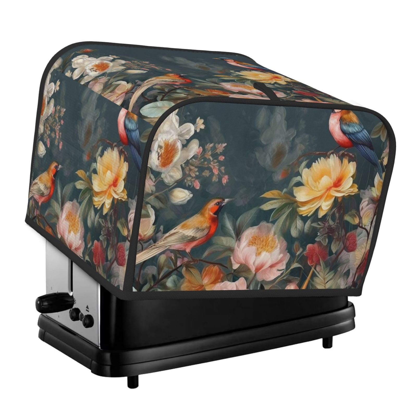 Flowers Birds Toaster Cover 4 slice Kitchen Small Appliance Covers with Pockets Toaster Dust Cover with Top Handle Oven Cover Washable Universal Bread Maker Cover for Kitchen