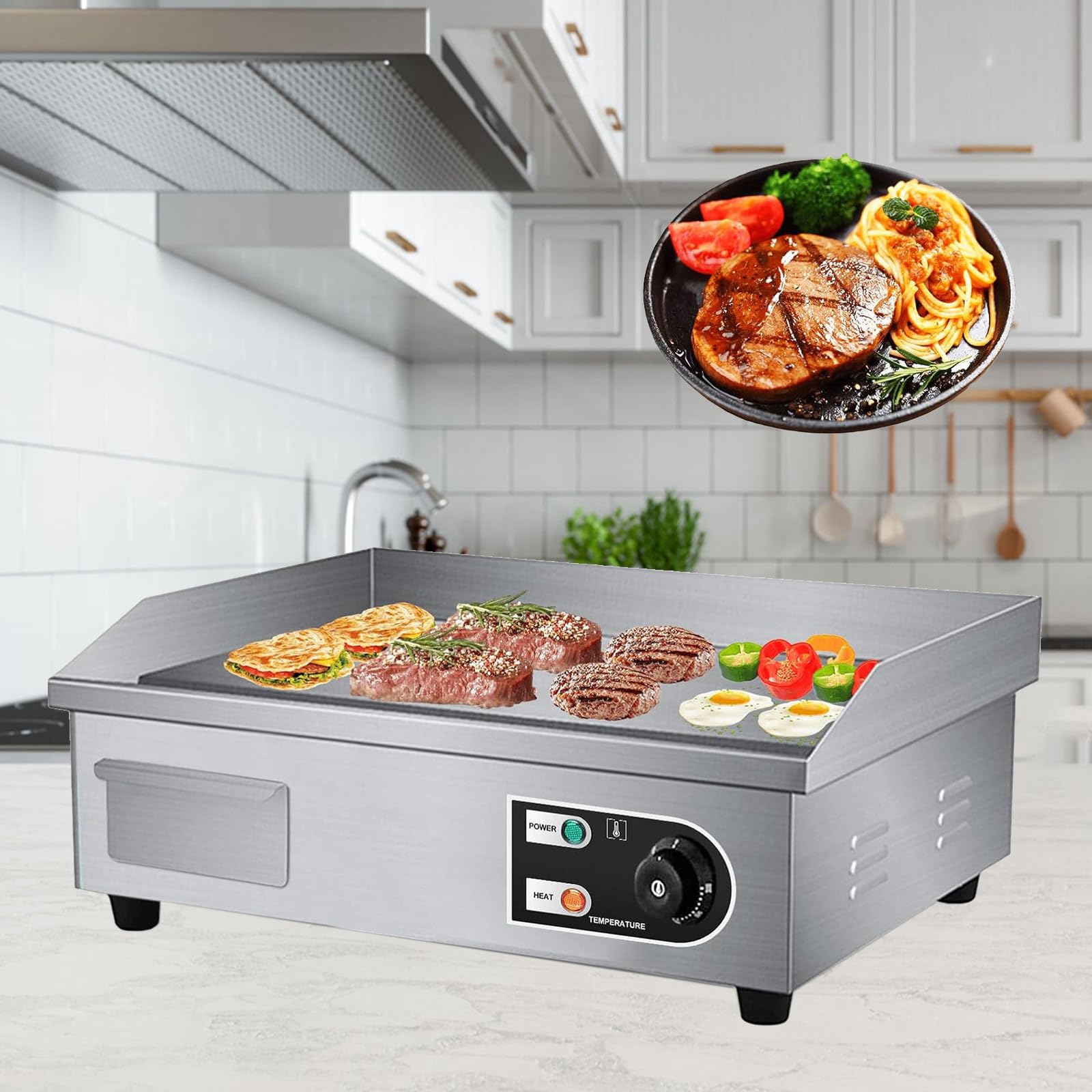 Piastra elettrica da appoggio Griglia Teppanyaki per Ristorante Commerciale in Acciaio Inossidabile con Controllo della Temperatura Regolabile 0~300 ℃, Ampio Vassoio di Cottura