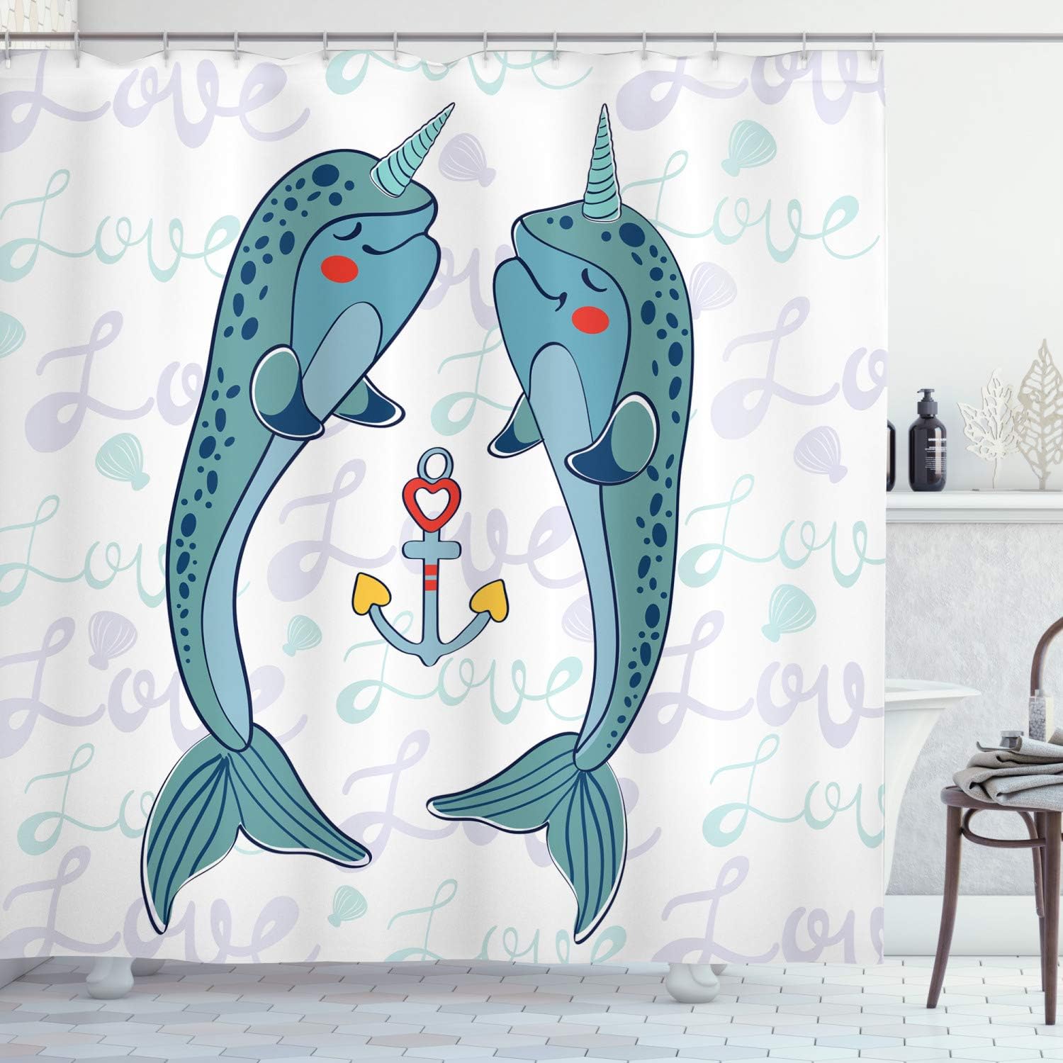 Ambesonne Narwhal Shower Curtain, Couple of Whales with Horns in Love Valentines Day Themed Nautical Illustration, Cloth Fabric Bathroom Decor Set with Hooks, 69" W x 70" L, Cadet Blue Mauve