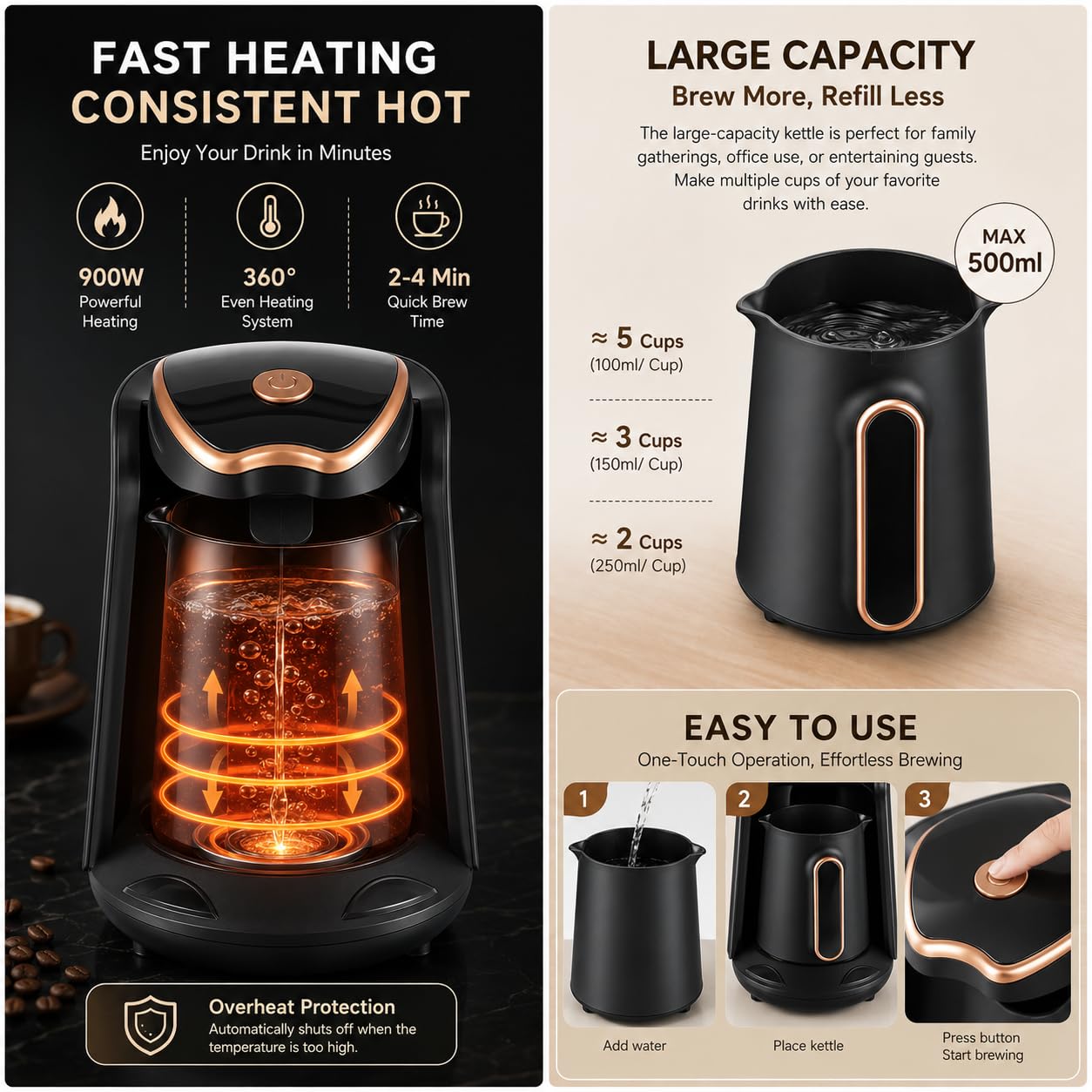 Caffettiera senza BPA, mini bollitore 400W, 3 tazze, bassa temp | Minio Automatico, Portatile, Costante Caldo per Casa, Ufficio, Viaggi, Campeggio