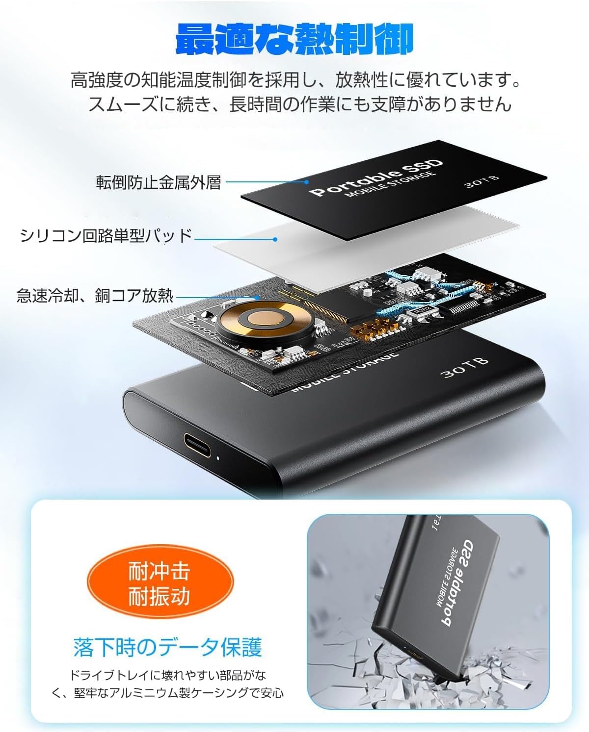 外付け SSD 30TB 新アップデート ブラック 外付け 軽量 防水 防塵 外