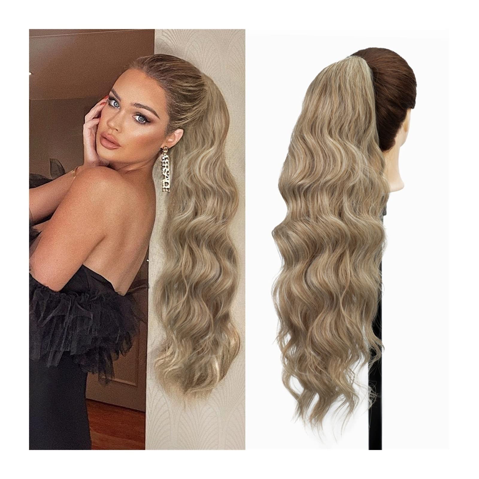 Extensión de la cola de caballo 26 "Cuerpo largo Ondulado Cordón Cola de caballo Clip suave natural en Extensión de cola de caballo Extensiones de cabello sintético resistente al calor Postizo for muj