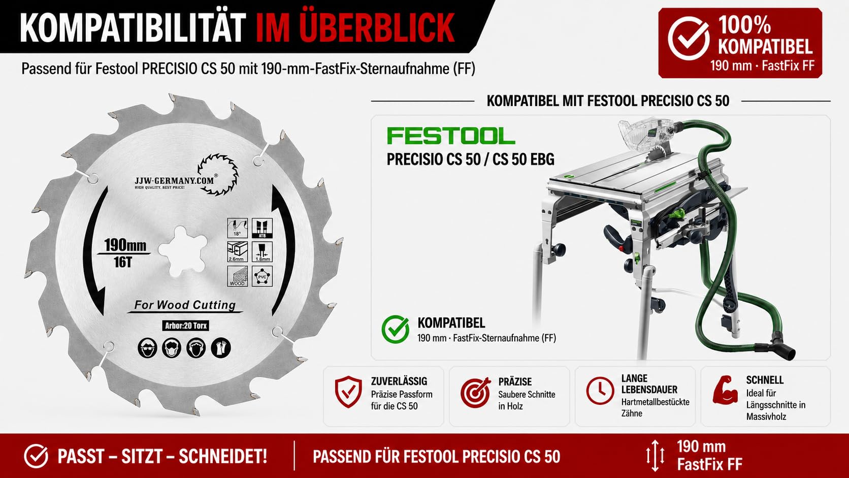 jjw de Alemania HM – Hoja de sierra circular Hanna 190 x 2,6 x 20 Torx Z = 16 WZ para Festo Festool Precisio CS 50, 1 pieza, 4250980691330