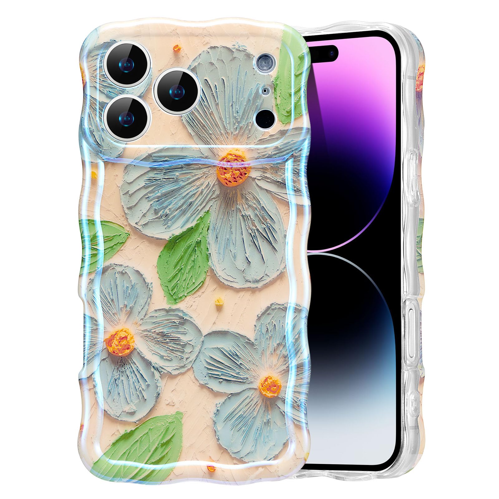 EYZUTAK Case for iPhone 15, Colorful Retro Oil Painting Flower Laser Beam Glossy Pattern Cute Curly Waves Border Exquisite Phone Cover Stylish Durable Soft TPU Protective Case for Girls Women - Green — view 25