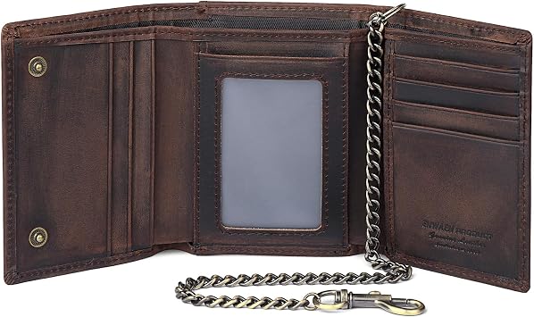 Trifold Chain Wallets for Men, Genuine Leather Wallet RFID Blocking Anti-Theft Chain for Biker, Motorcycle