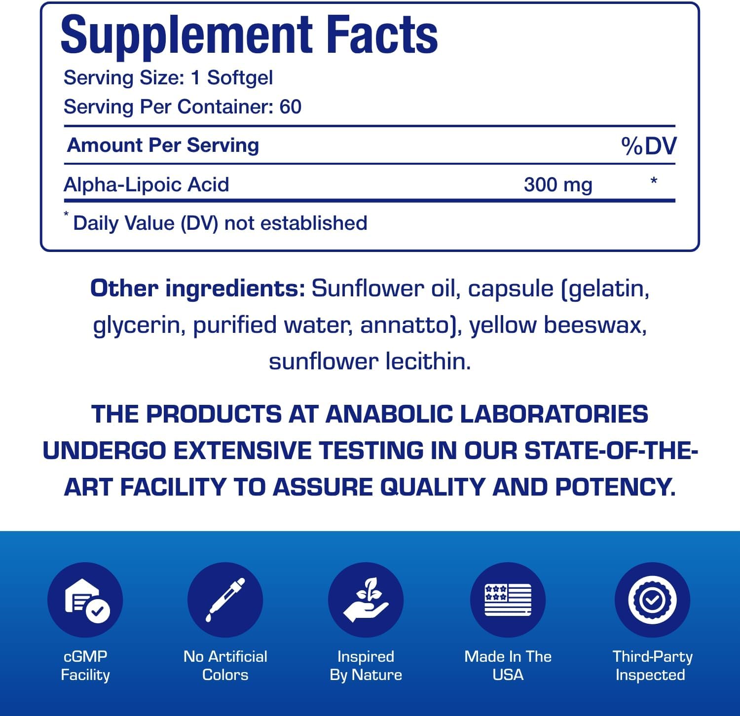Alpha Lipoic Acid 300mg - Clinical Formula ALA Supplement for Liver Eye Brain Mitochondria Energy Antioxidant & Nerve Support - Non-GMO Soy Free & Easy to Swallow Softgels - 60 Servings