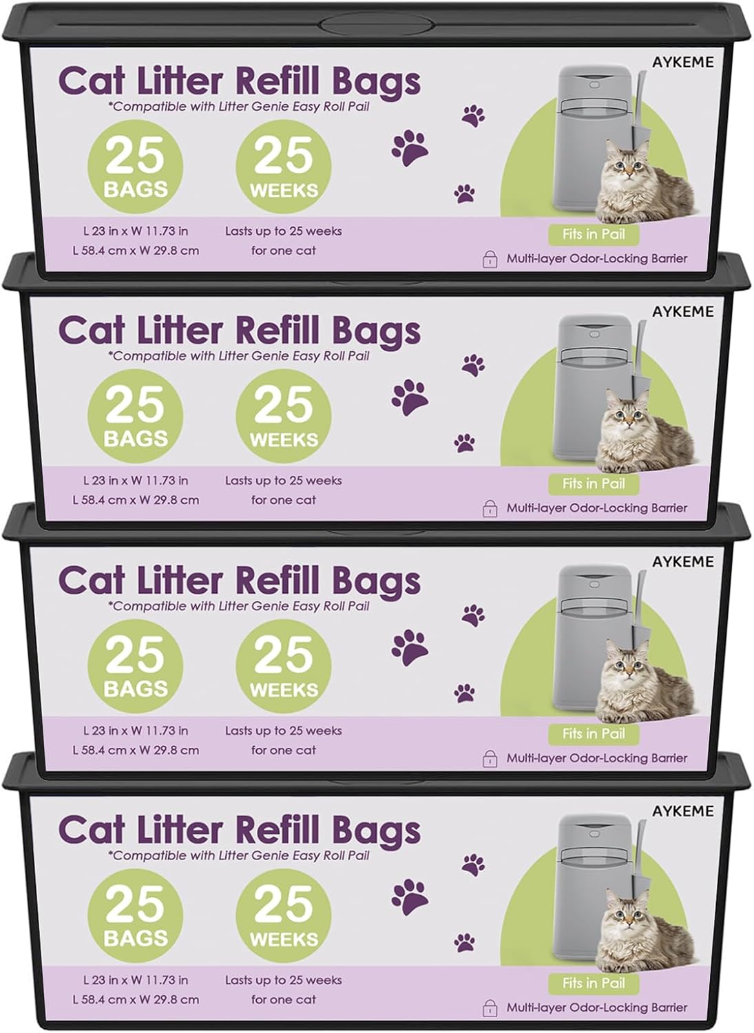 100 Cat Litter Refill Roll Bags Compatible with Litter Genie Easy Roll Pail | Odor-Control & Long-Lasting Refills | 4 Pack (100 Bags Total)