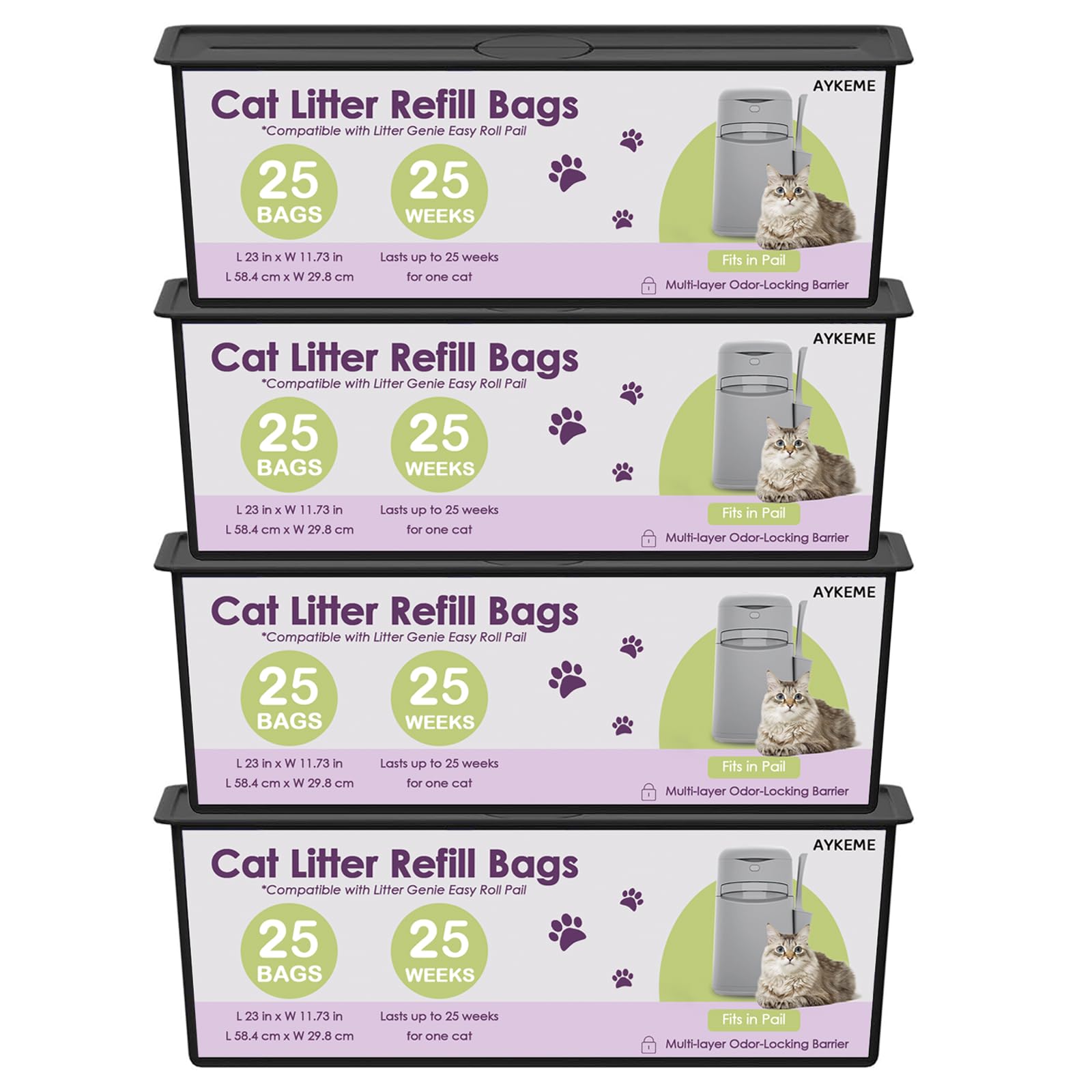 100 Cat Litter Refill Roll Bags Compatible with Litter Genie Easy Roll Pail | Odor-Control & Long-Lasting Refills | 4 Pack (100 Bags Total)