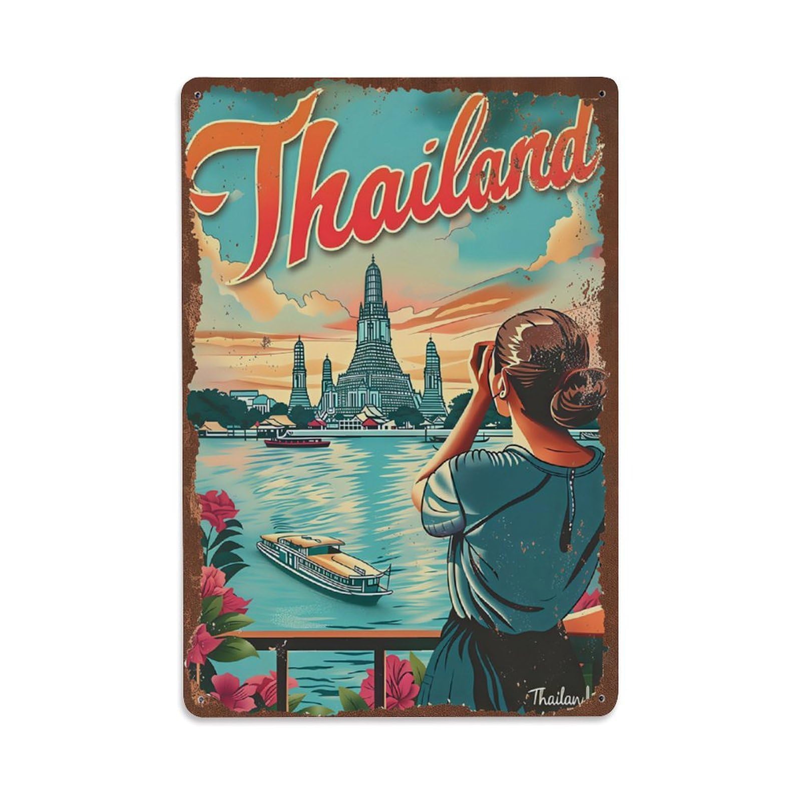 Thailand Wat Arun Retro Travel Tin Sign Vintage Aluminium Metal Sign, Retro Wall Decor for Home, Bar, Garage & Farmhouse 30x20cm