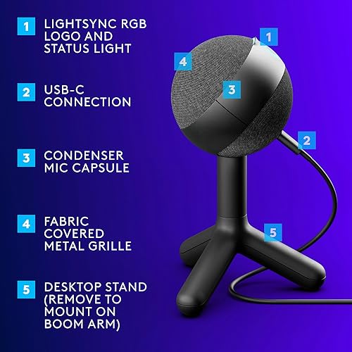 Miniatura 5 de Logitech G Yeti Orb Condenser RGB Micrófono para juegos con LIGHTSYNC, micrófono USB para transmisión, cardioide, USB Plug and Play para PCMac,