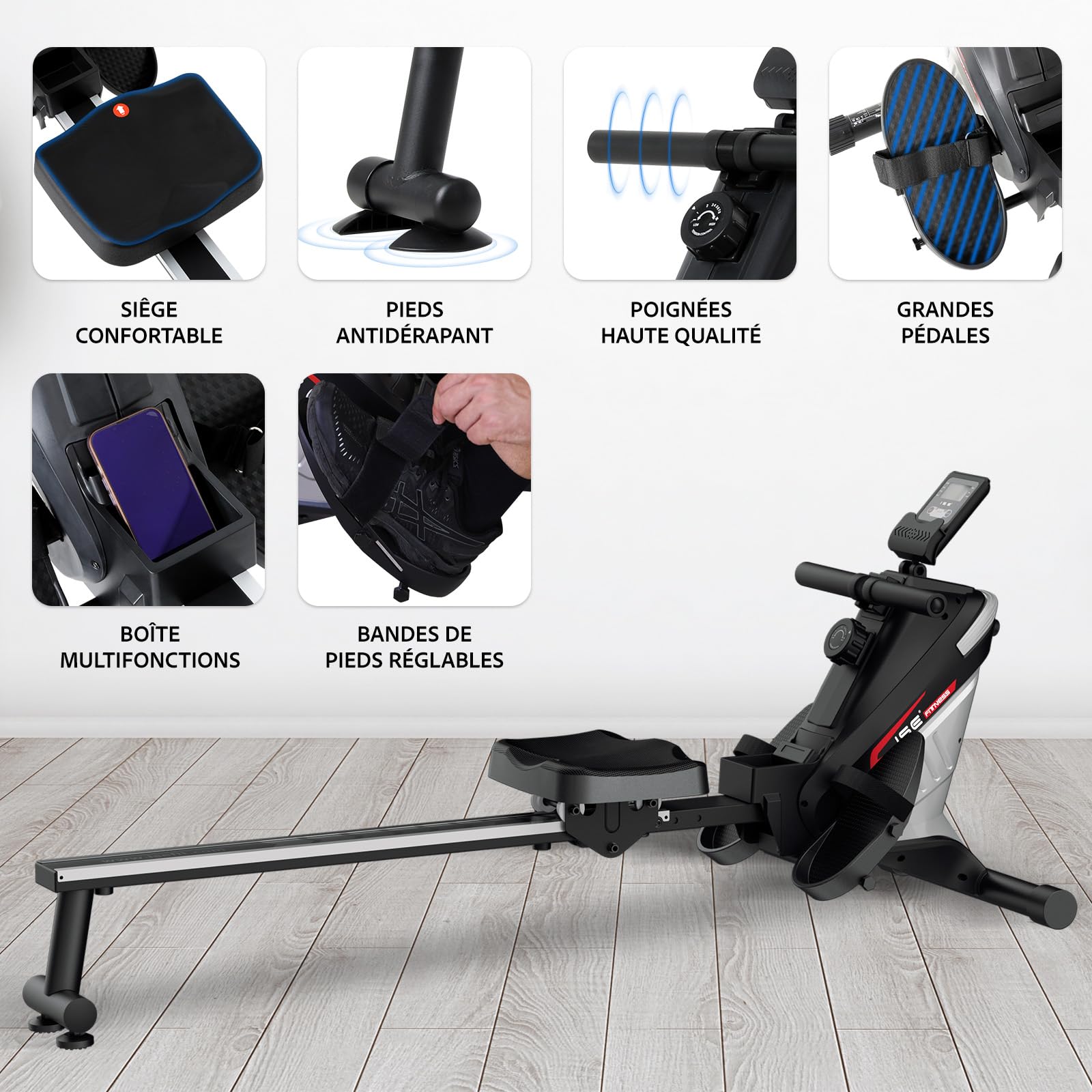 ISE Rameur Musculation, Rameurs Pliable Appartement, Rameur Magnétique 8 Niveaux Résistance, Rowing Machine Silencieux Stable, Rails Solide&Lisse, Rameurs Ecran LCD, Siège Ergonomique, Cardio-Training