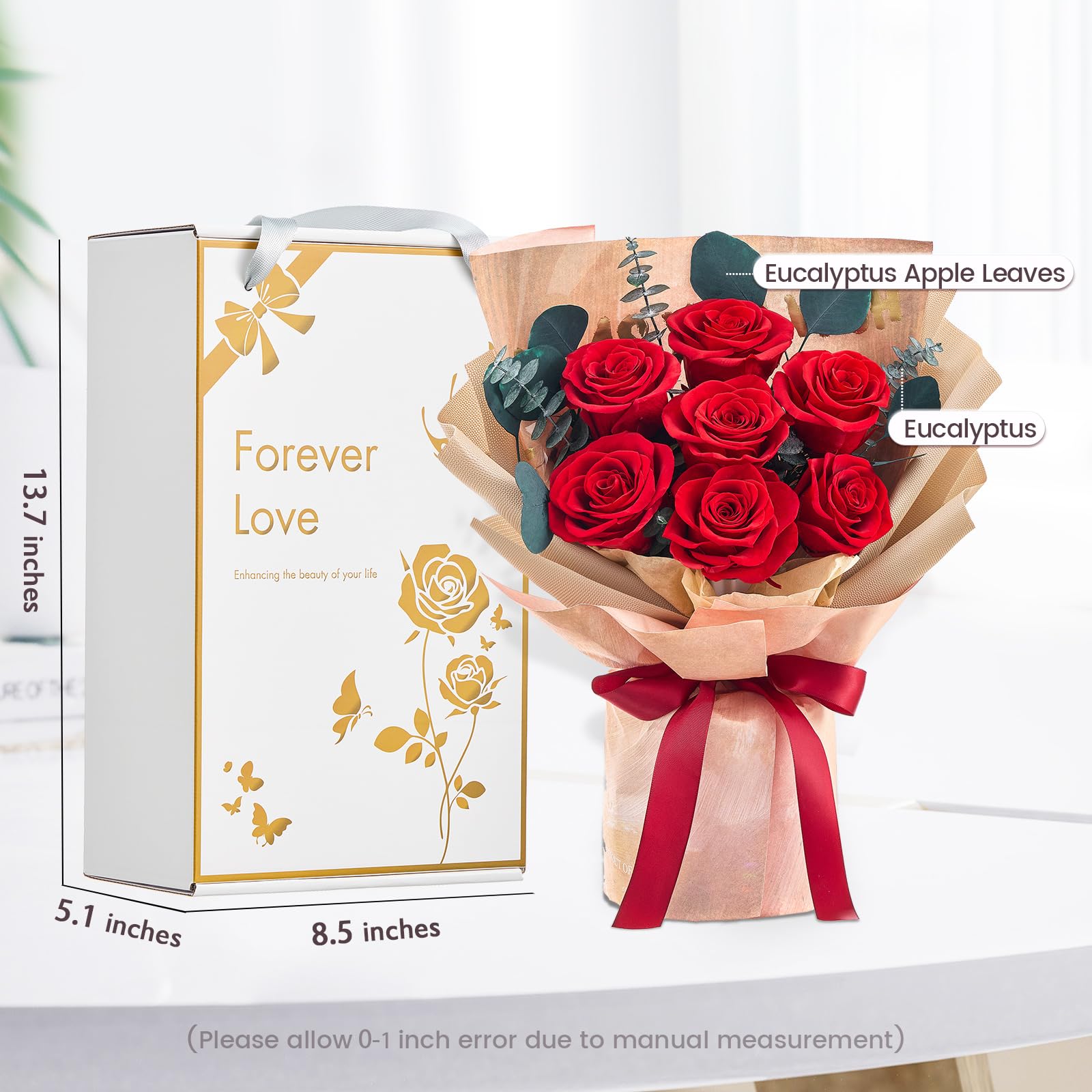Mosstory Ramo de rosas de 7 piezas para siempre, ramo de flores frescas, regalo ideal para esposa, día de la madre, día de San Valentín, aniversario, cumpleaños, graduación (rosas rojas)