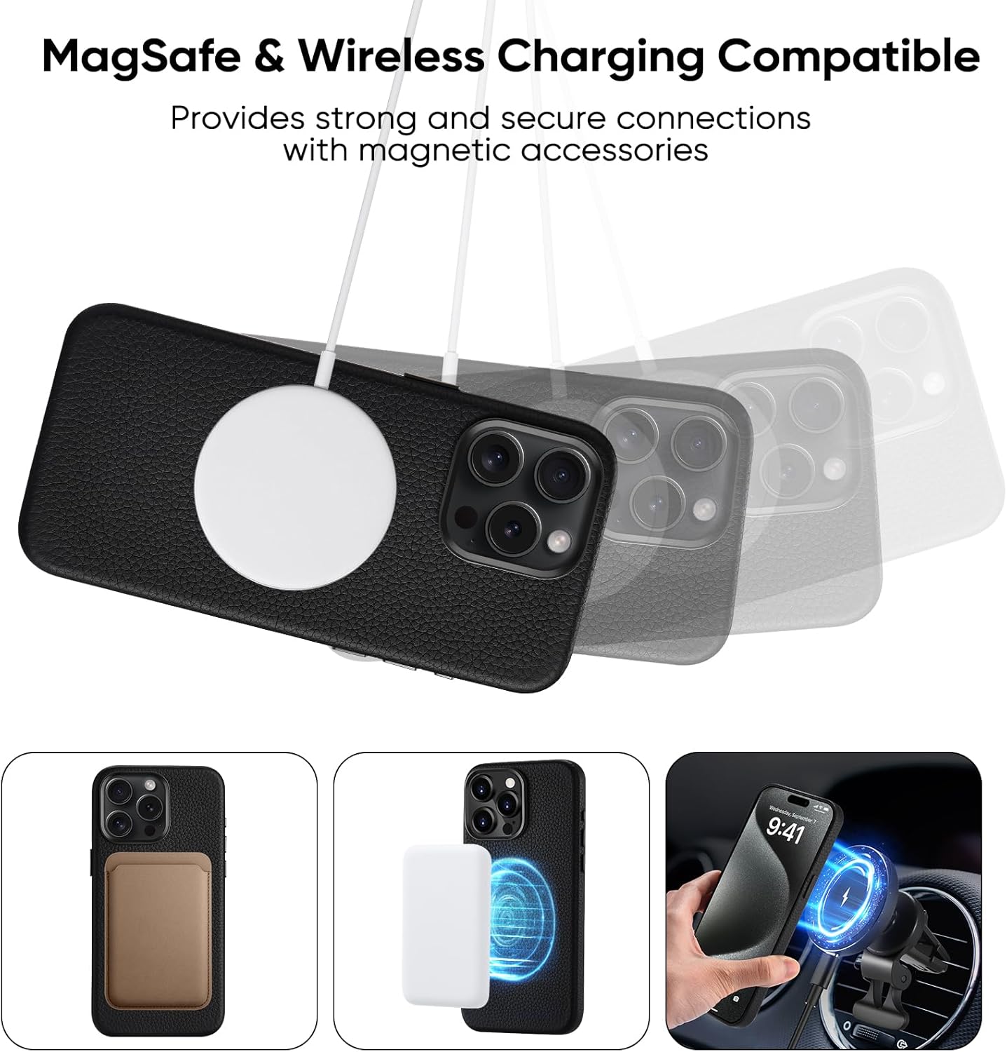 Belemay Leather Case for iPhone 15 Pro - MagSafe & Wireless Charging Compatible - Premium Pebbled Leather - Metal Buttons & Camera Bezel - Slim Fit Luxurious Phone Cover (6.1-inch), Black