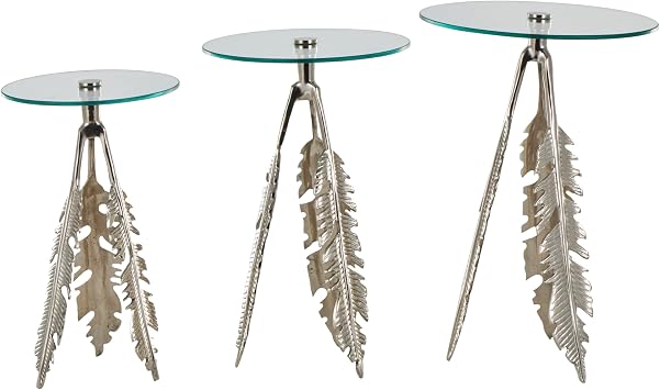 Deco 79 Aluminum Metal Leaf Side End Accent Table End Table with Tripod Legs and Tempered Glass Top, Set of 3 Side Table 24", 23", 20" H, Silver