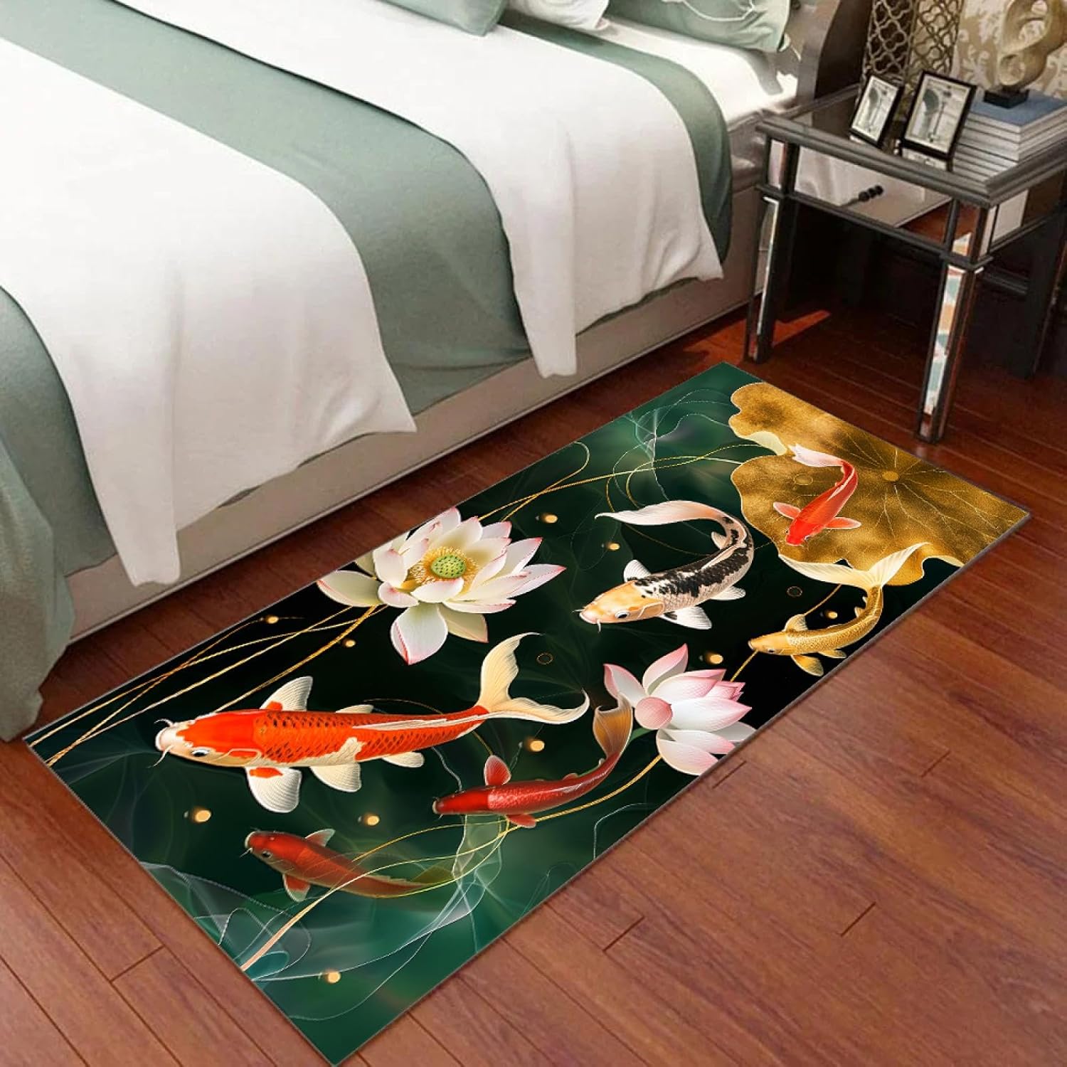 Koi Fish Pattern Rug, Gold Lotus Leaf Pattern Carpet for Living Room Dining Room Floor Mat Home Decor Bedroom Area Rug 60x200cm