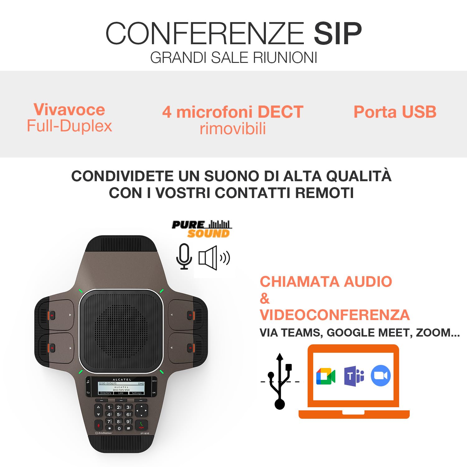 ALCATEL CONFERENCE IP1850 - Dispositivo SIP ad alta qualità audio - 4 microfoni DECT rimovibili - USB - Vivavoce Full Duplex - 3 account SIP - Display Retroilluminato - Rubrica Remota - PoE