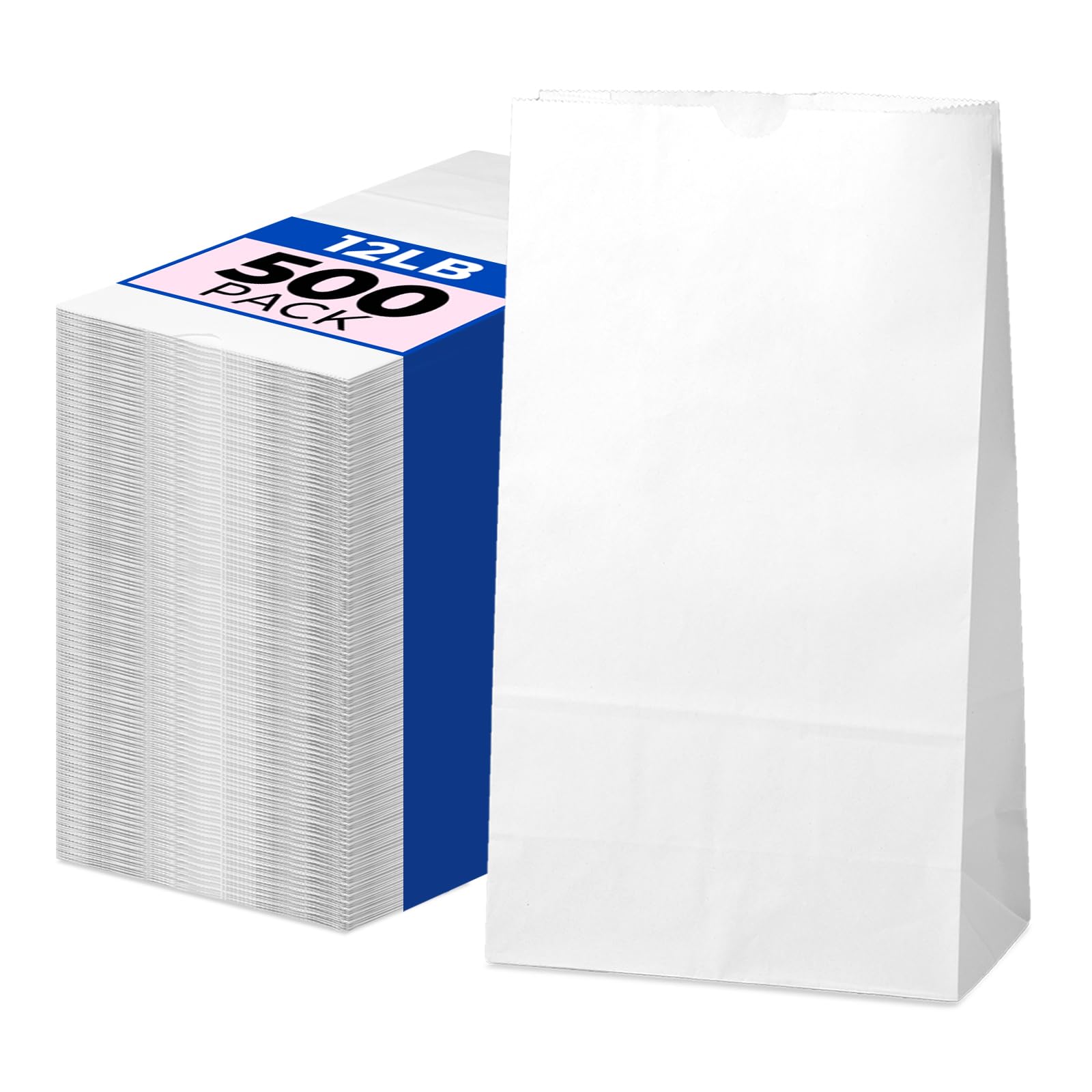 Fit Meal Prep 500 Pack 12 lb White Paper Lunch Bags, 13 x 7 x 4.5" Durable Paper Bags Bulk for Packing, Delivery, Take Out, Grocery, Retail Shopping,