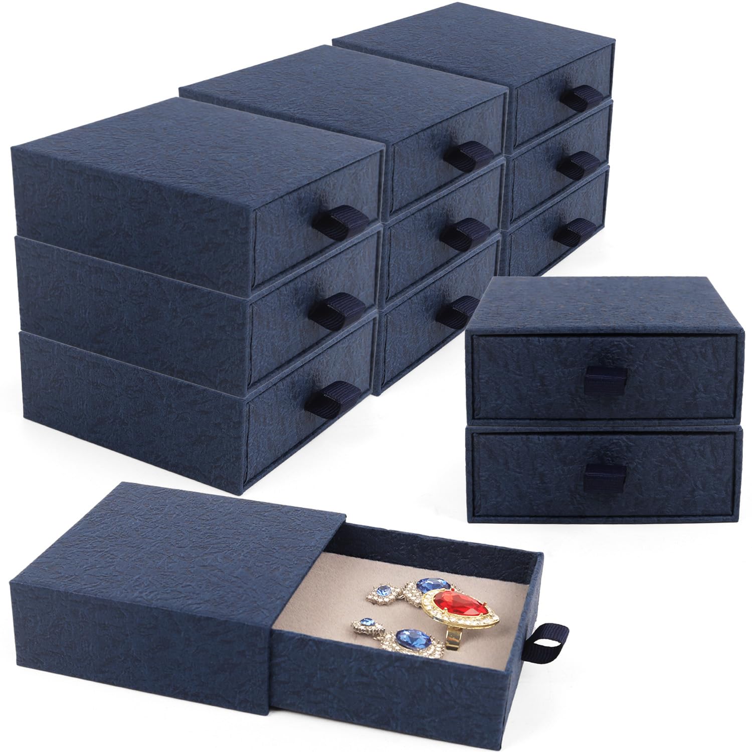 Boîte à bijoux avec tiroir pour colliers et bagues - Lot de 12 écrins élégants bleu foncé 9cm