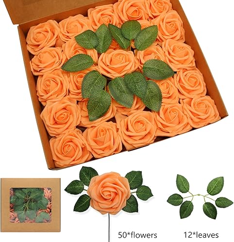 Miniatura 6 de ZAMMAZ Rosas artificiales, 50 unidades, rosas falsas de espuma de aspecto real con tallos para ramos de boda, centros de mesa de despedida de