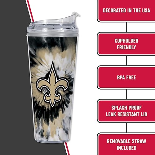 Miniatura 172 de Rico Industries NFL - Vaso de purpurina acrílica de 24 onzas con tapa con bisagras, vaso de doble pared con licencia oficial y popote Tie Dye