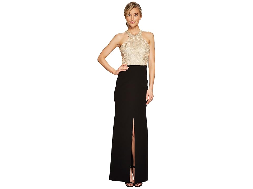 

Calvin Klein Halter Neck Lace Bodice Gown CD7B277B (Gold/Black) Women's Dress