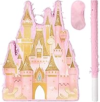 Vista 1 de Piñata de castillo de princesa, piñata de castillo rosa con venda y murciélago para niñas, decoración de juegos de fiesta de cumpleaños temática