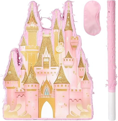 Piñata de castillo de princesa, piñata de castillo rosa con venda y murciélago para niñas, decoración de juegos de fiesta de cumpleaños temática de