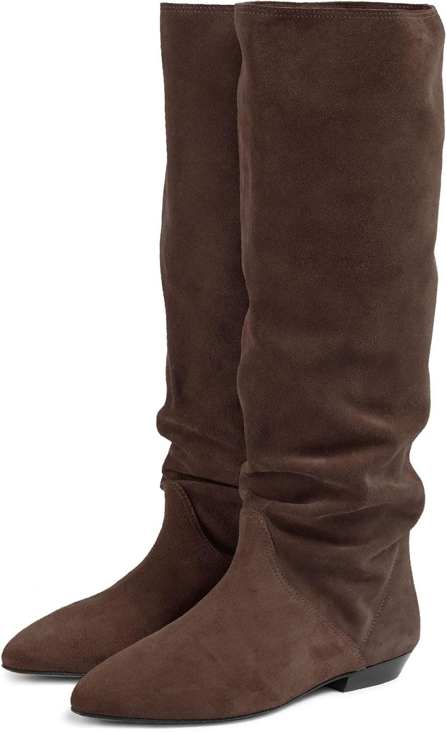 Women's Fashion Slouch Flat Knee High Boots Suede Ruched Pointed Closed Toe Pull On Fall Winter Dressy Flat Tall Boots for Women