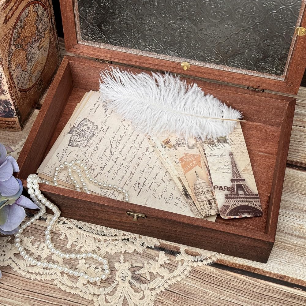 Boîte à Souvenirs En Bois Vintage Avec Couvercle Verre - Format L - Pour Bijoux, Photos, Cartes